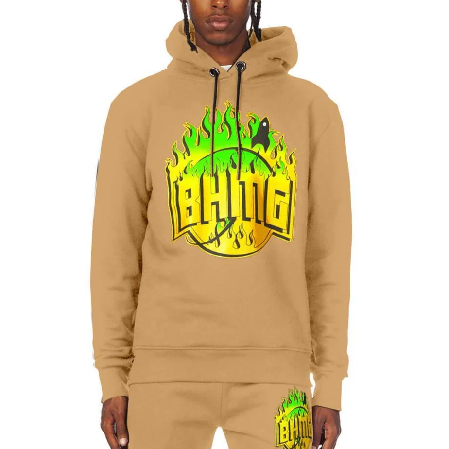 Sfera Ebbasta felpa BHMG con cappuccio stampa fiamma fango/verde fluo - immagine 2