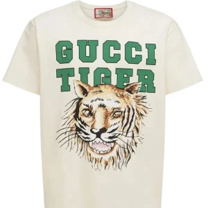 T-shirt GUCCI unisex stampa logo Tiger large fit bianco milk