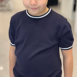 NEVER TOO - T-shirt blu in filo con rifiniture bianche bambino