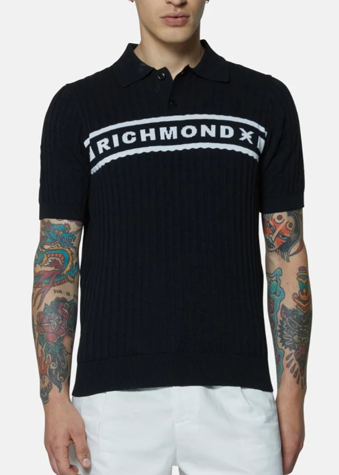 Maglia Polo JOHN RICHMOND a costine stampa blue navy - immagine 2