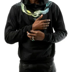 Felpa PHOBIA cappuccio nera stampa serpenti al collo giallo/blu