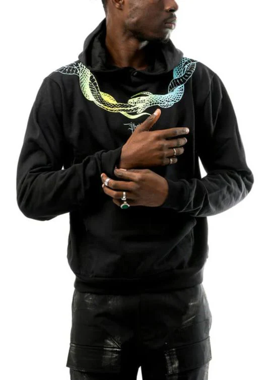 Felpa PHOBIA cappuccio nera stampa serpenti al collo giallo/blu - immagine 2