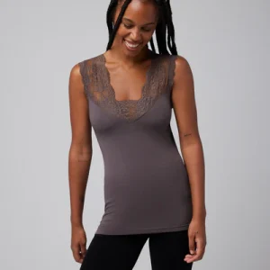 T-shirt termica grigia smanicata con dettaglio in pizzo