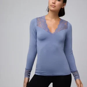 T-shirt termica blu a manica lunga con dettaglio in pizzo