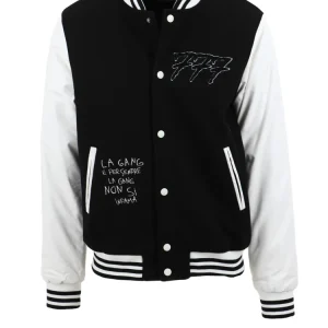 Tony Effe bomber TRIPLOSETTE 777 college in panno e ecopelle con patch bicolore nero