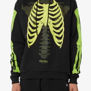 Felpa PHOBIA con cappuccio scheletro nero verde fluo