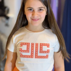 JANICE - T-shirt bianca con stampa pesca e perle bambina