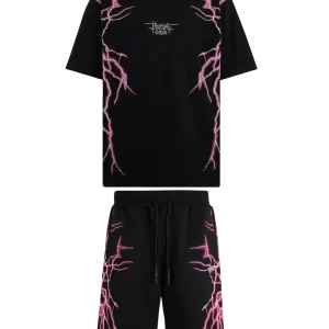 Completo estivo PHOBIA ARCHIVE t-shirt + pantaloncino fulmini laterali rosa nero