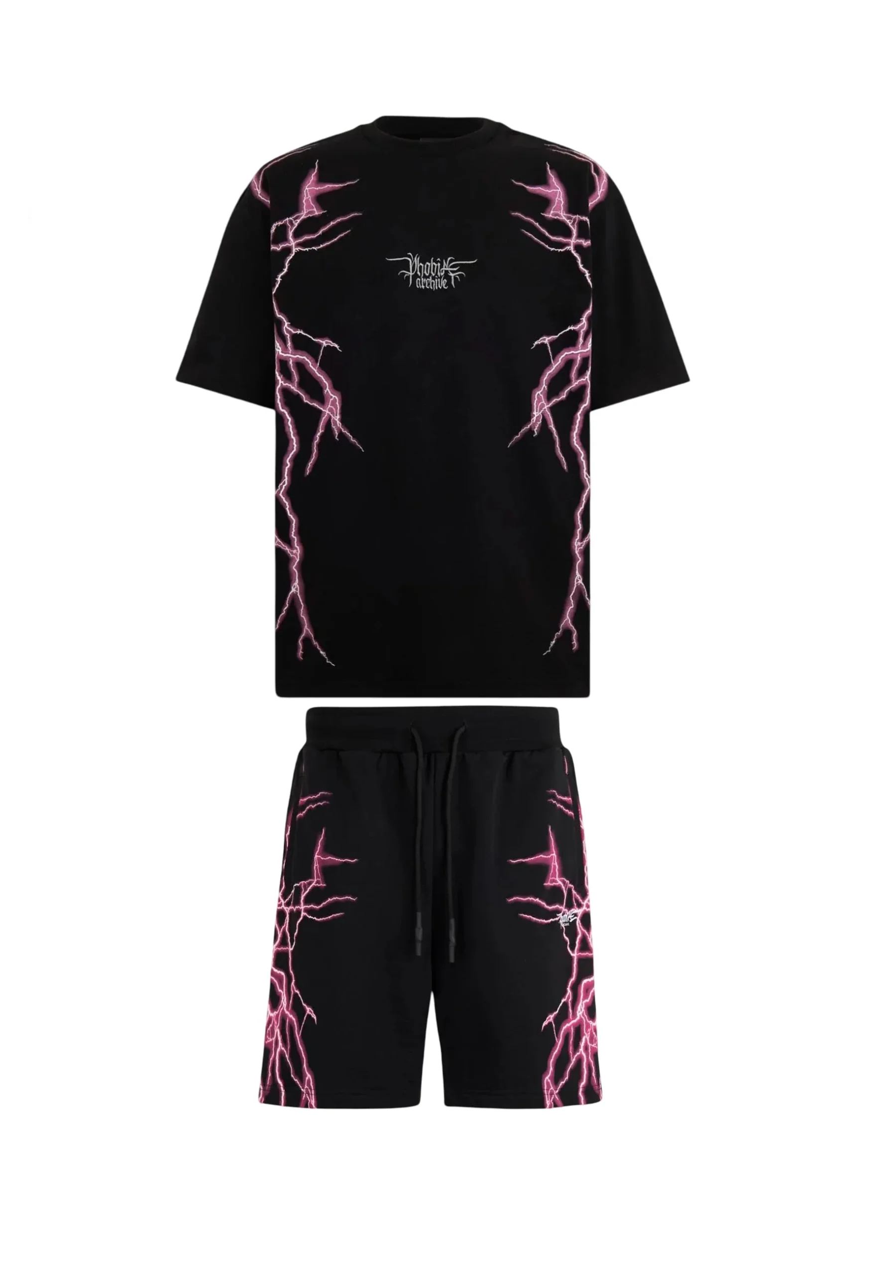 Completo estivo PHOBIA ARCHIVE t-shirt + pantaloncino fulmini laterali rosa nero