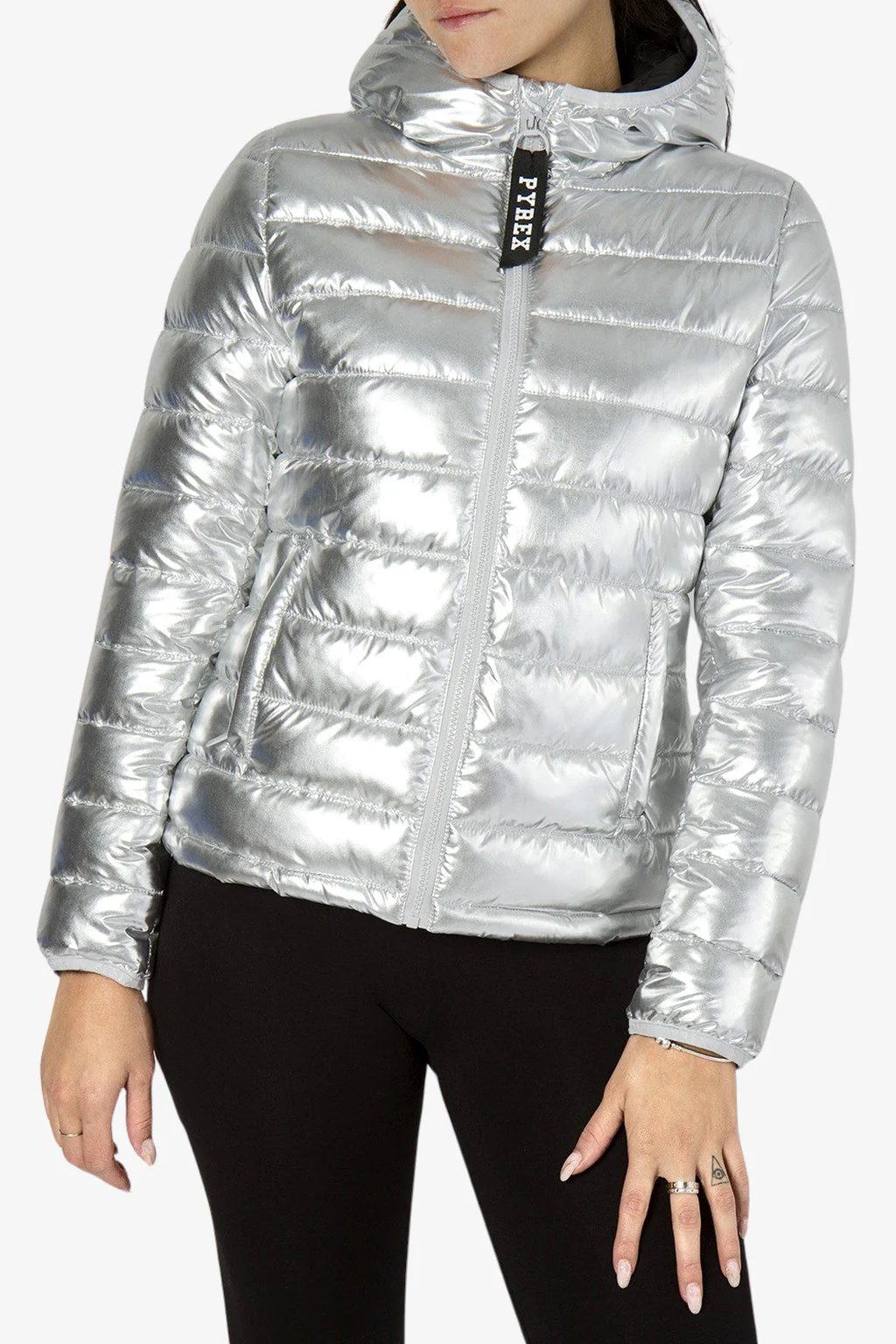 Piumino donna PYREX zip con cappuccio argento - immagine 2