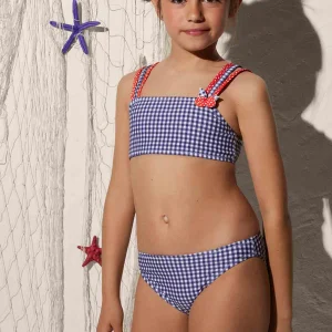 BIKINI DA BAMBINA CON STAMPA A QUADRI E DETTAGLIO SPALLINE