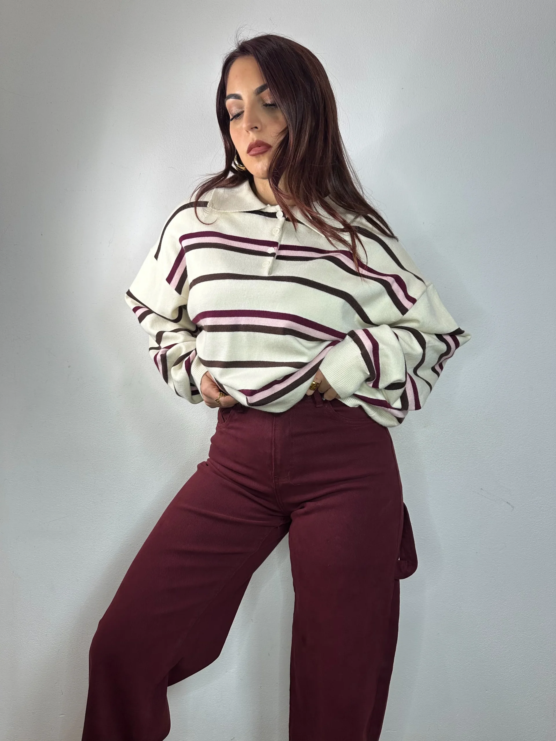 POLO A RIGHE ROSA E WINE - immagine 3