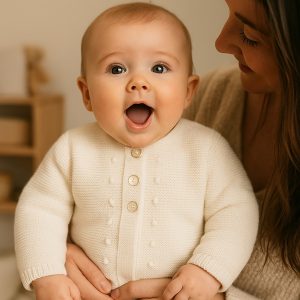 Cardigan in maglia con pompon per bebè