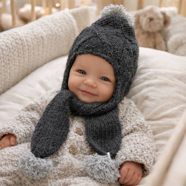 Cappello-sciarpa per neonati in maglia con pompon