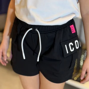 ICON - Short nero cargo con logo bianco bambina