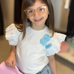 JANICE - T-shirt bianca con fiore azzurro