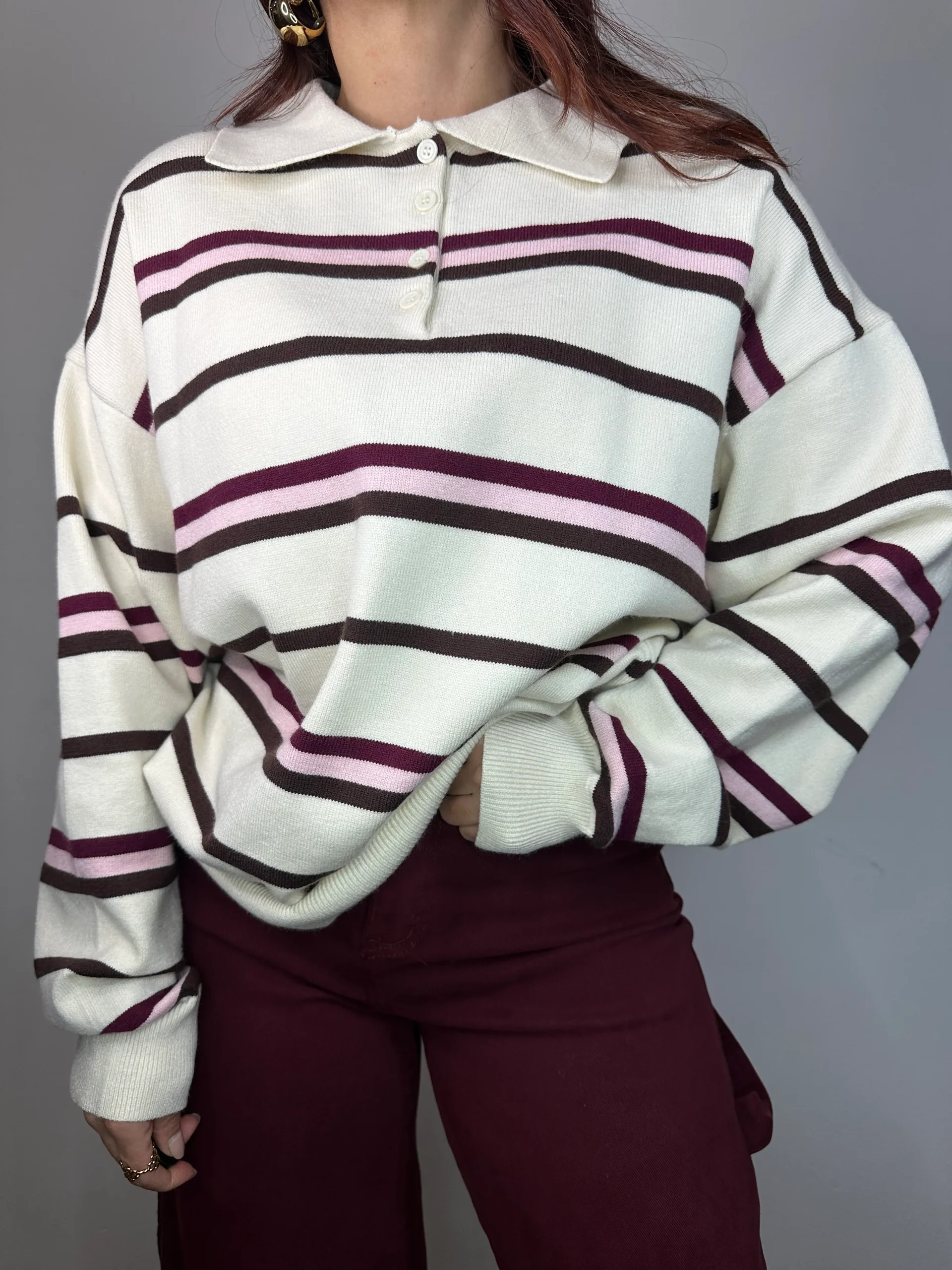 POLO A RIGHE ROSA E WINE - immagine 2