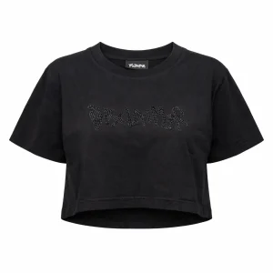 DISCLAIMER - T-shirt crop con logo in strass donna