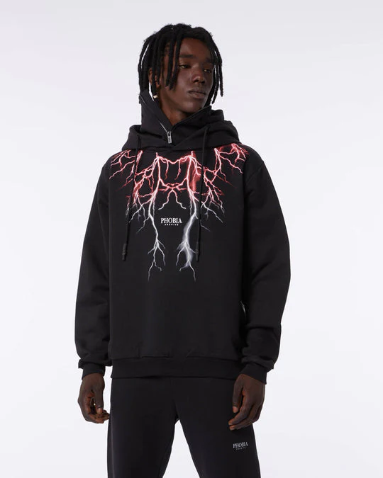 Felpa PHOBIA ARCHIVE doppio cappuccio Balaclava nera fulmini rosso/verdi - immagine 3
