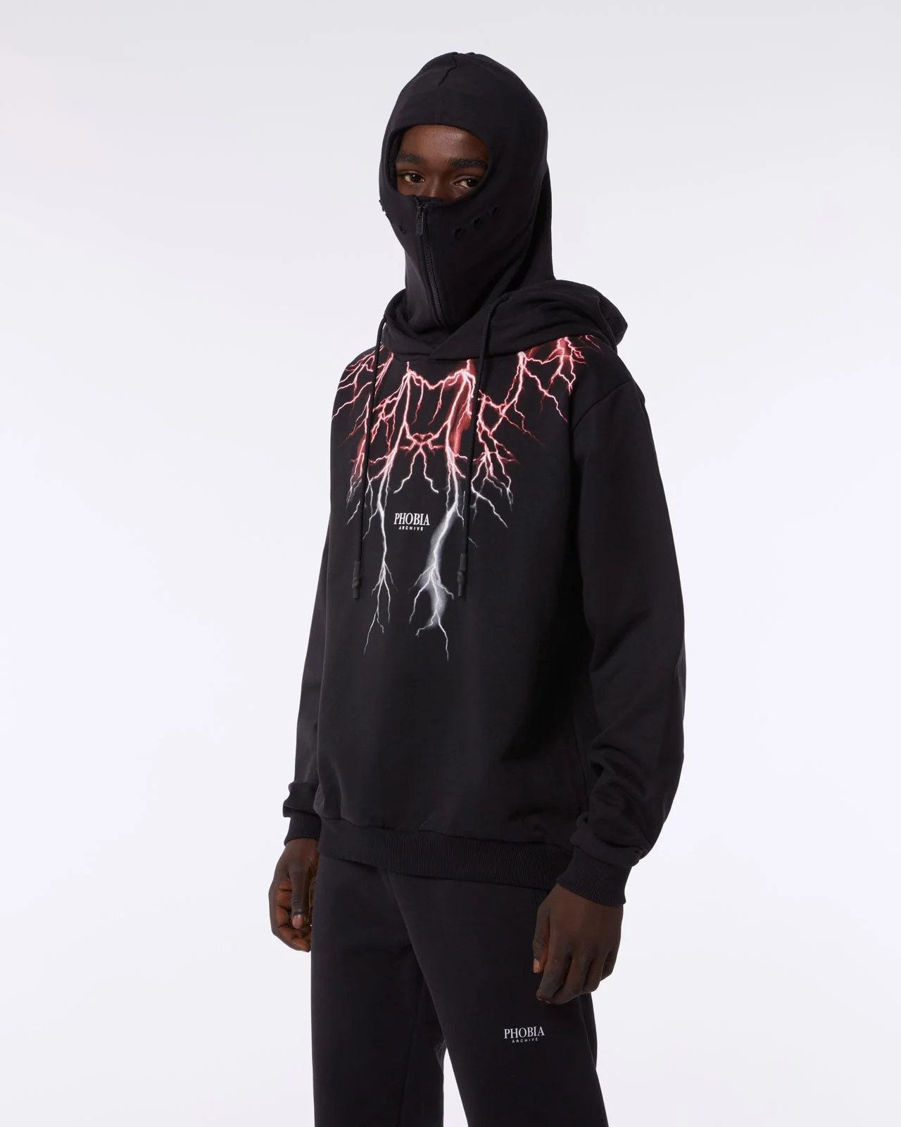 Felpa PHOBIA ARCHIVE doppio cappuccio Balaclava nera fulmini rosso/verdi
