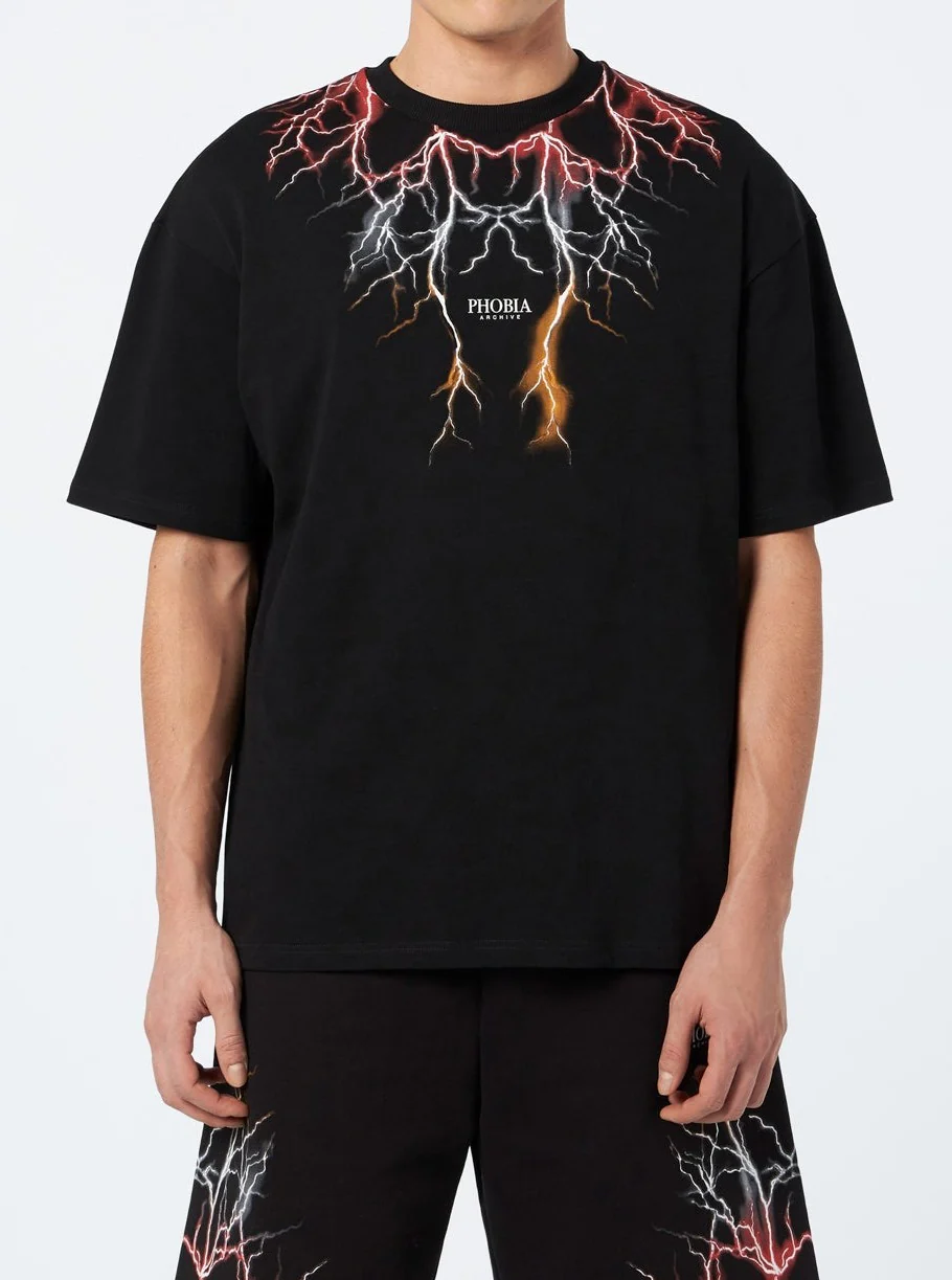Completo estivo PHOBIA ARCHIVE t-shirt + pantaloncino fulmini rosso/grigio/arancione nero - immagine 2