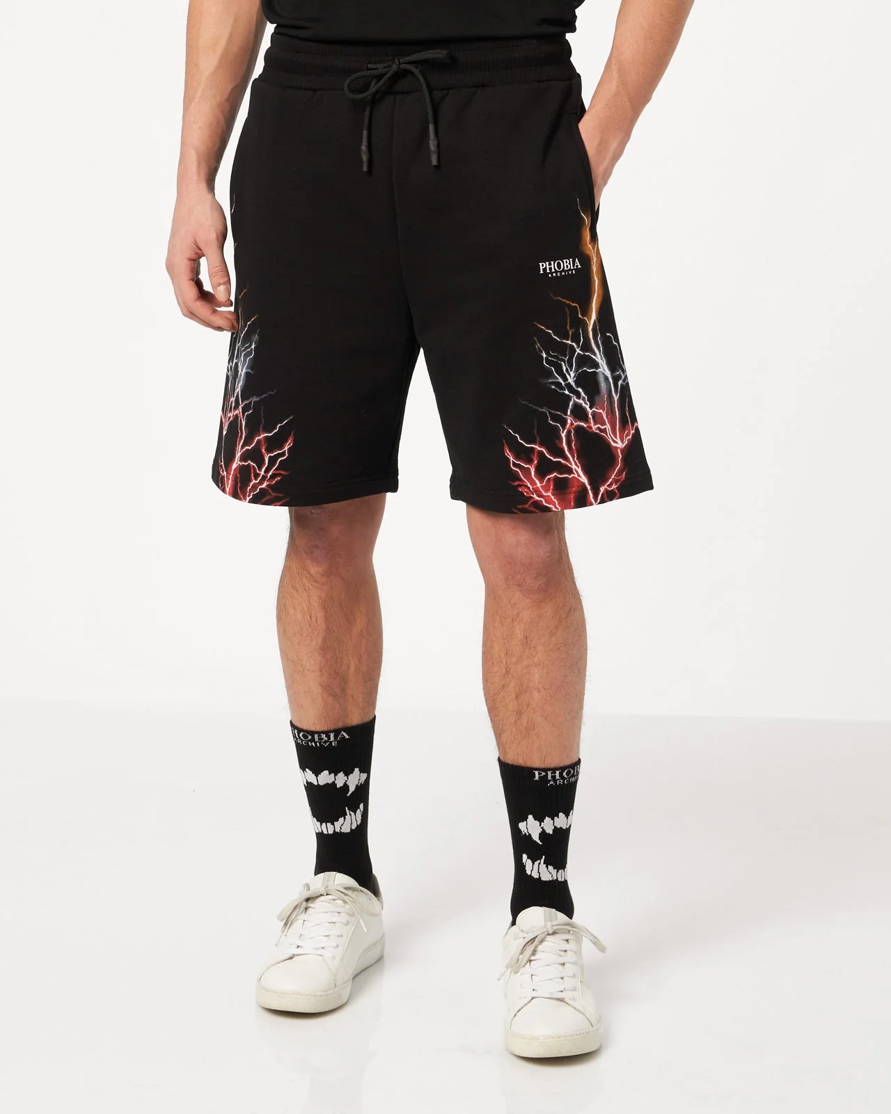 Completo estivo PHOBIA ARCHIVE t-shirt + pantaloncino fulmini rosso/grigio/arancione nero - immagine 5