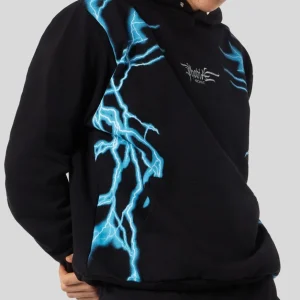 Felpa PHOBIA cappuccio nera ricamo fulmini laterlai blue