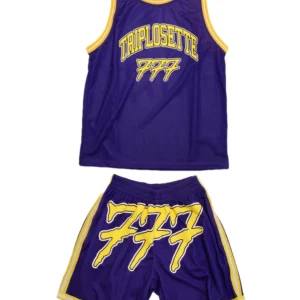 Tony Effe Completino estivo TRIPLOSETTE 777 canotta + bermuda in rete viola/giallo