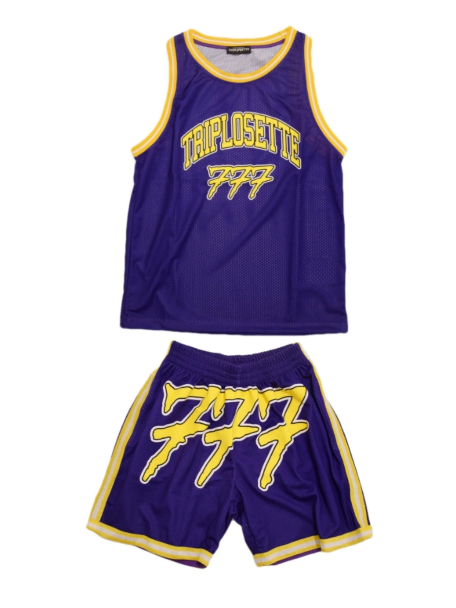 Tony Effe Completino estivo TRIPLOSETTE 777 canotta + bermuda in rete viola/giallo - immagine 2