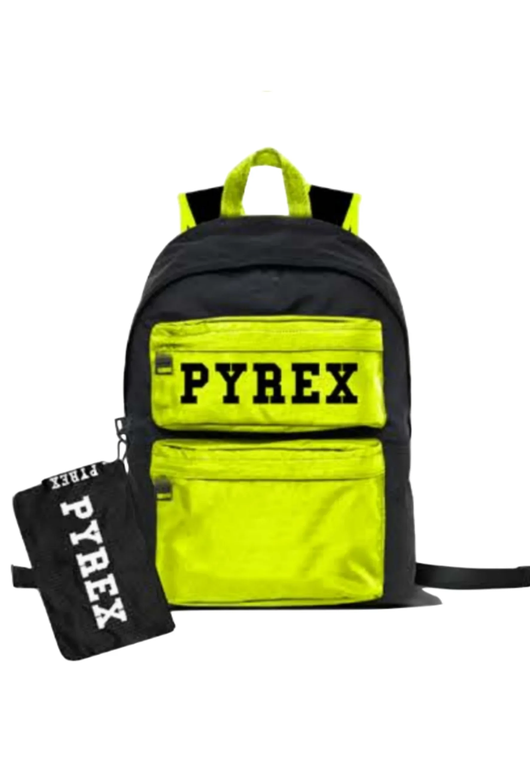 Zaino PYREX in nylon doppia tasca nero/giallo fluo + mini pochette - immagine 2