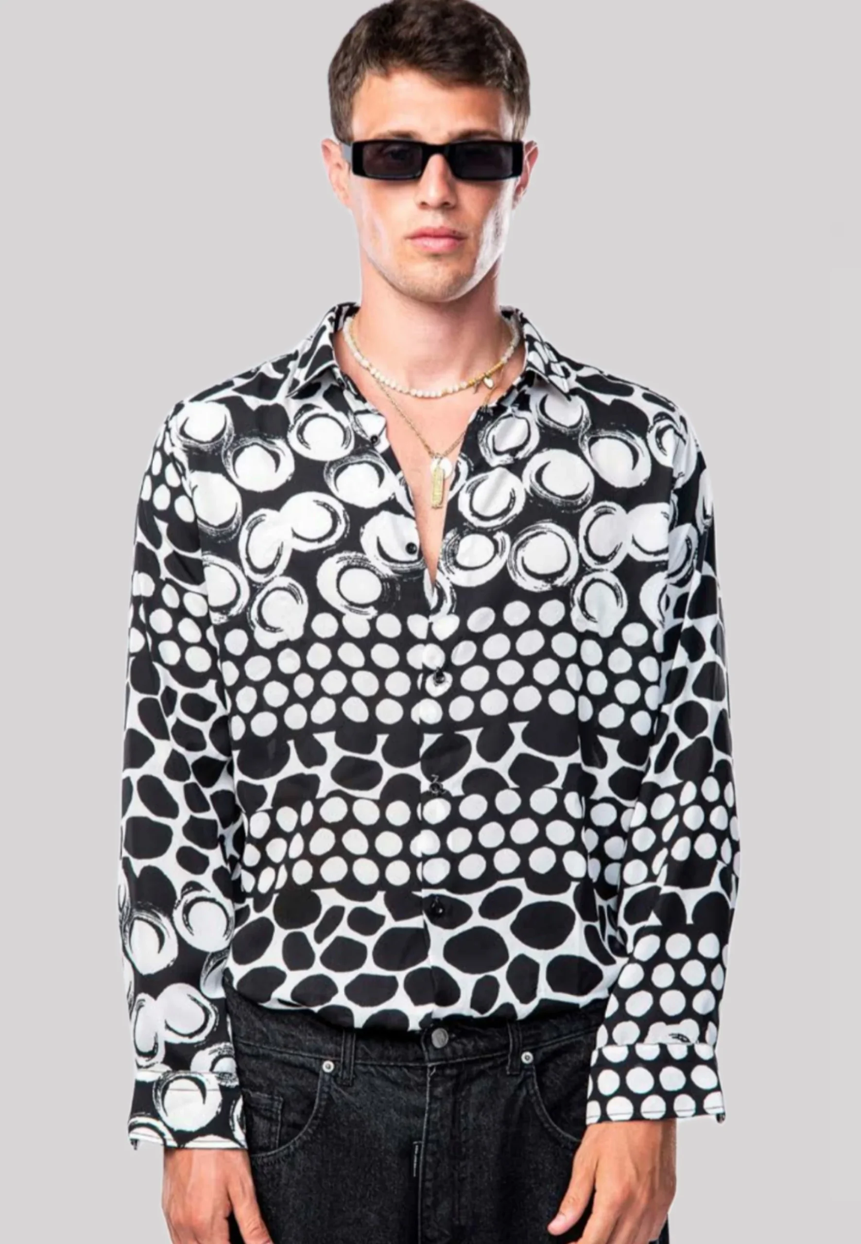 Camicia NJB NEW JOB BRAND in viscosa a pois nero/bianco - immagine 2