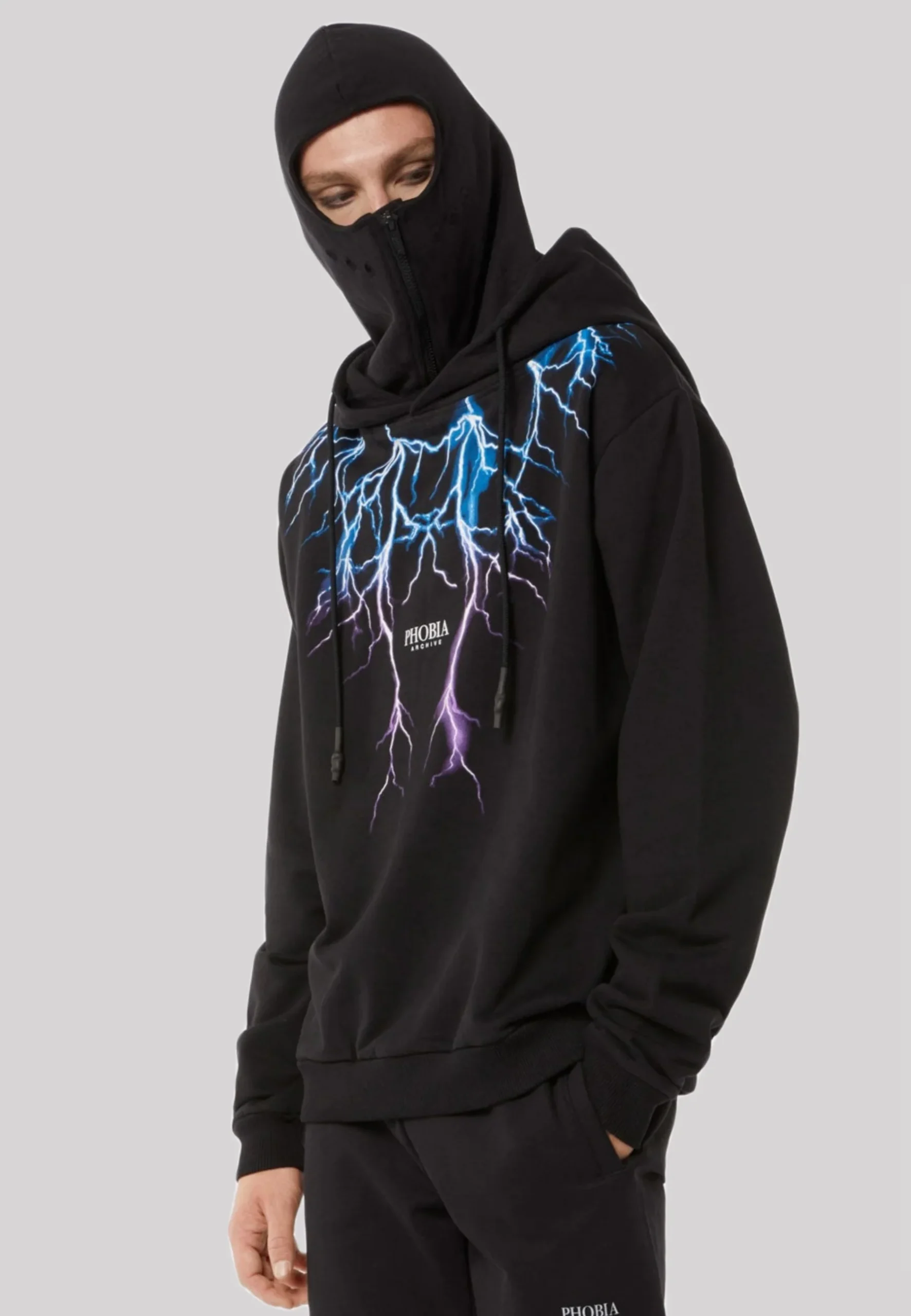 Felpa PHOBIA ARCHIVE doppio cappuccio Balaclava nera fulmini viola/blu - immagine 7