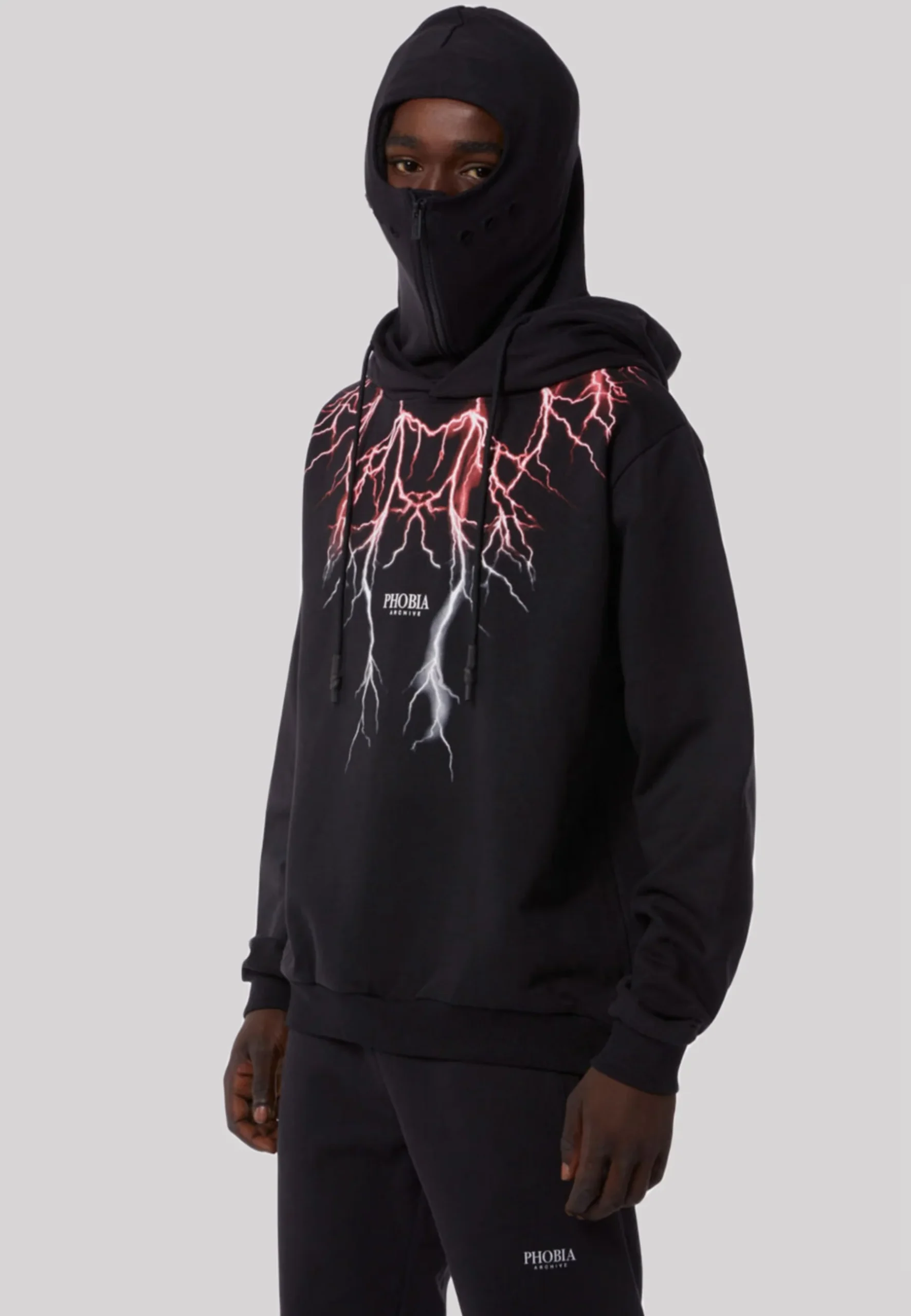 Felpa PHOBIA ARCHIVE doppio cappuccio Balaclava nera fulmini rosso/verdi - immagine 8