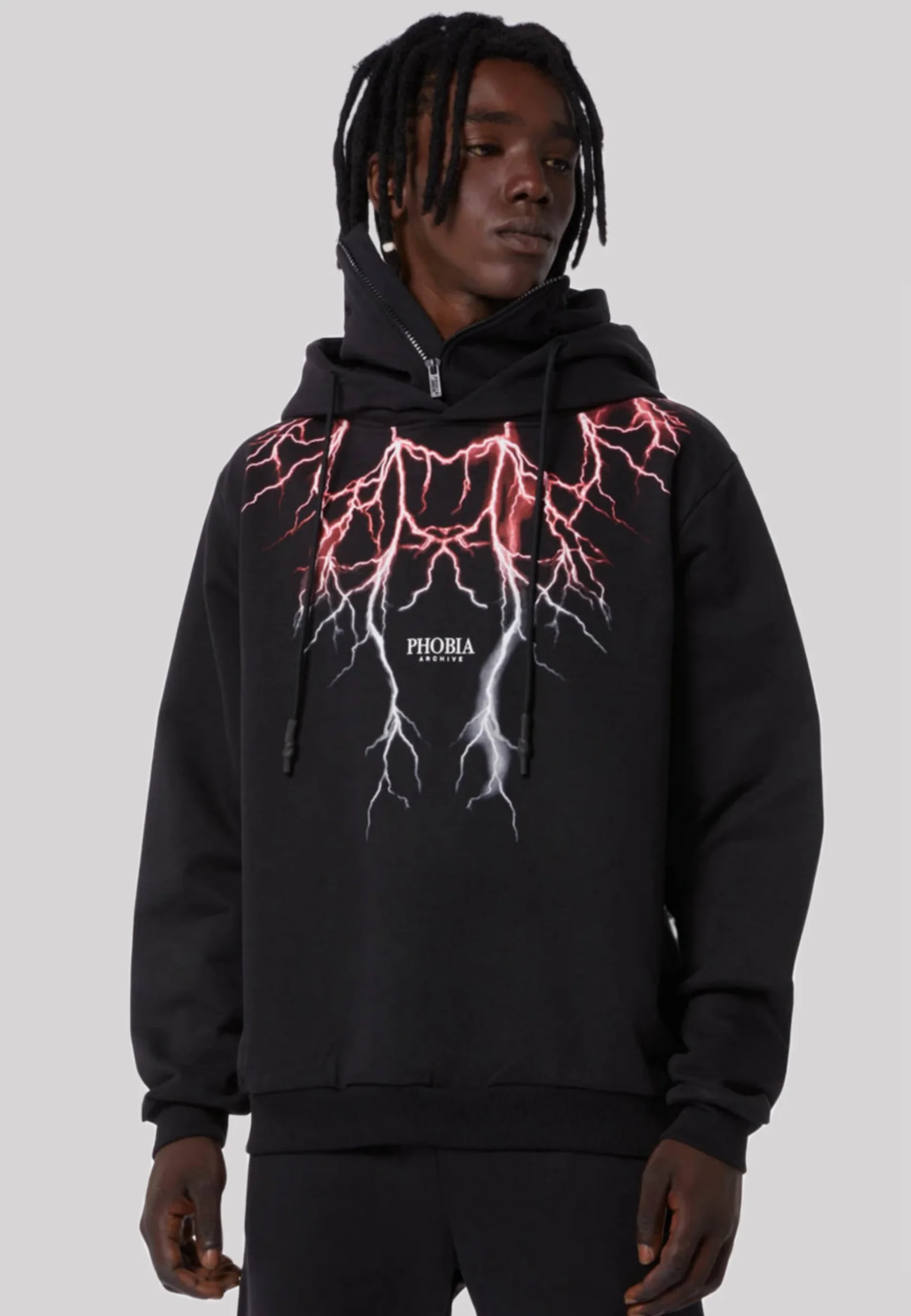 Felpa PHOBIA ARCHIVE doppio cappuccio Balaclava nera fulmini rosso/verdi - immagine 7