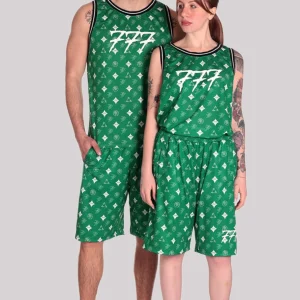 Tony Effe Completino estivo TRIPLOSETTE 777 canotta + bermuda in rete stampa microfile verde