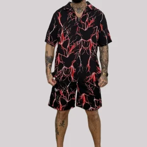 Completo PHOBIA camicia + bermuda stampa all over fulmini rossi nero
