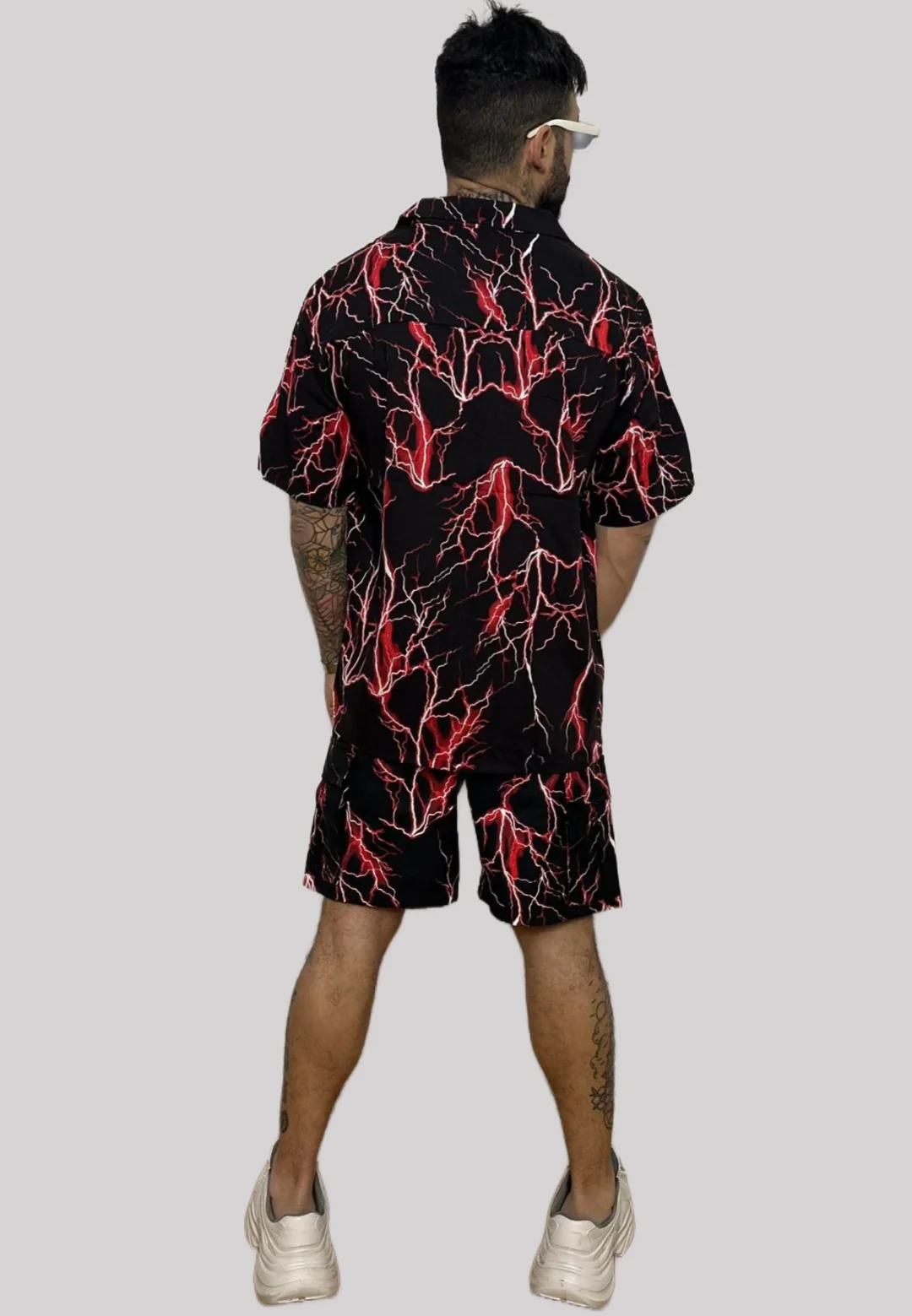 Completo PHOBIA camicia + bermuda stampa all over fulmini rossi nero - immagine 3
