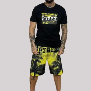 Completino estivo PYREX t-shirt+ bermuda in rete stampa Esotic nero/giallo