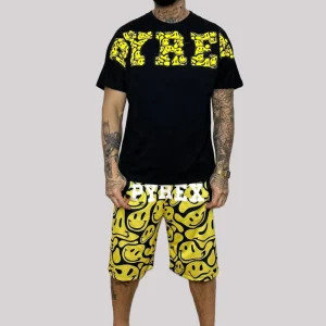 Completino estivo PYREX t-shirt+ bermuda in rete stampa Smile nero/giallo