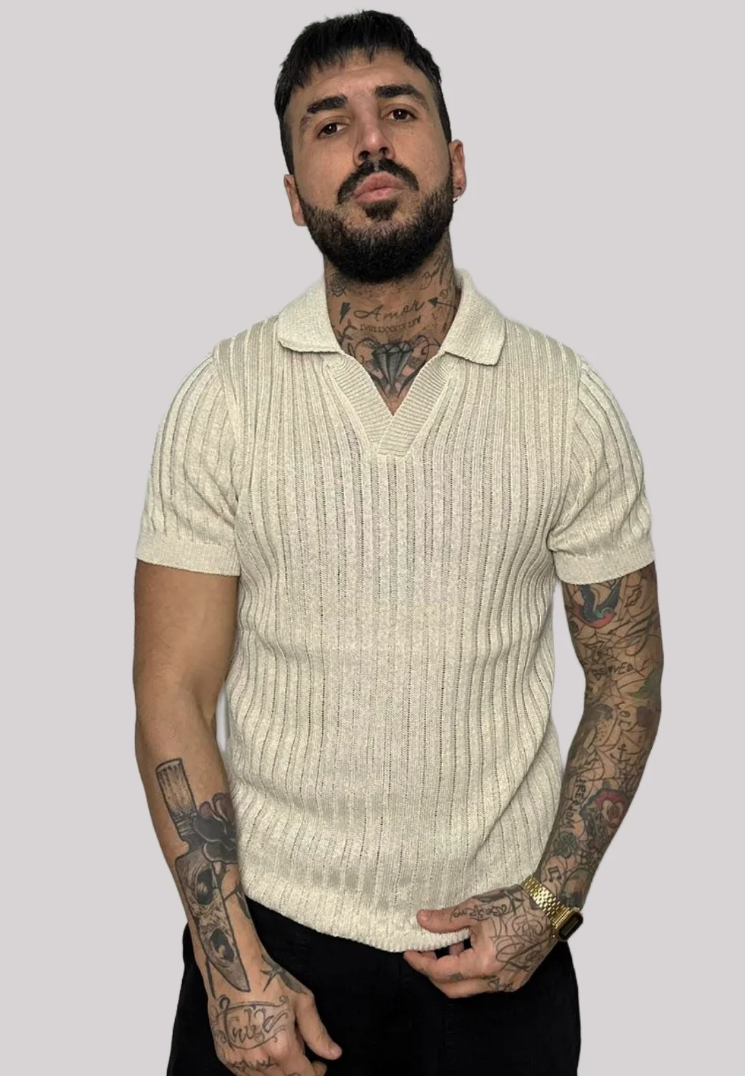 Maglia polo NJB NEW JOB BRAND a costine beige - immagine 2