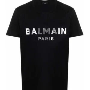 T-shirt BALMAIN stampa logo argento nera