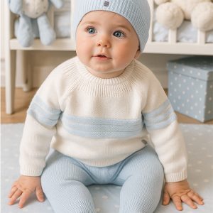Completo neonato in maglia grezzo e azzurro 100% cotone con o senza cappellino