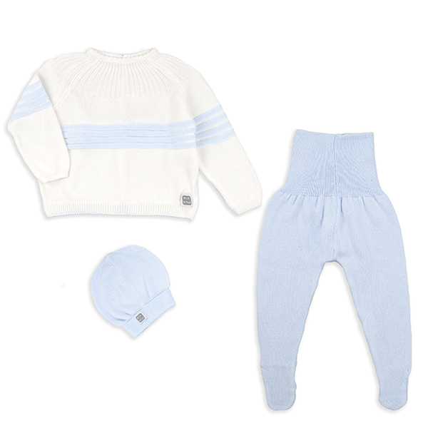 Completo neonato in maglia grezzo e azzurro 100% cotone con o senza cappellino - immagine 3