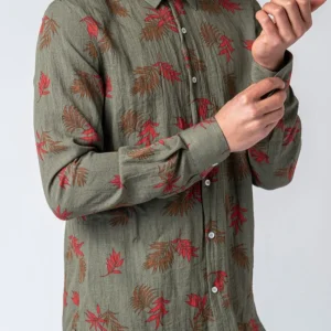 Camicia NJB NEW JOB BRAND slim fantasia leaves verde