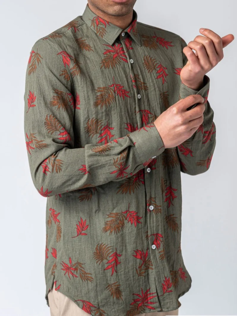 Camicia NJB NEW JOB BRAND slim fantasia leaves verde - immagine 2