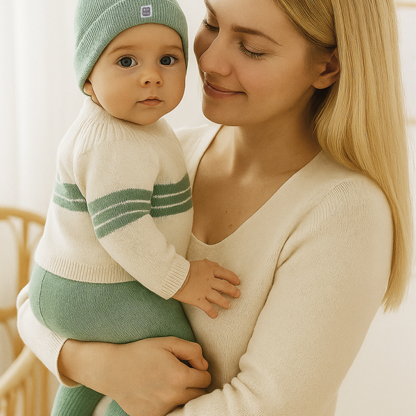 Set in maglia per neonati Maglia, gambali con o senza cappellino in color menta 100% cotone (3 pezzi) - immagine 2