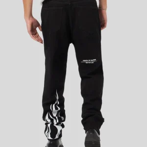 Jeans VISION OF SUPER denim nero con stampa fiamme e logo