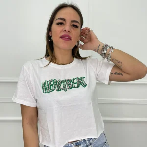 T-shirt crop con scritta swarovski