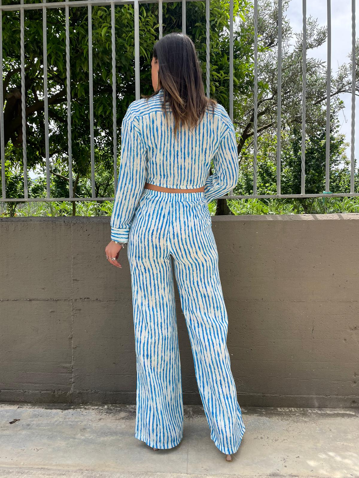 Coordinato effetto lino a righe con camicia crop - immagine 3