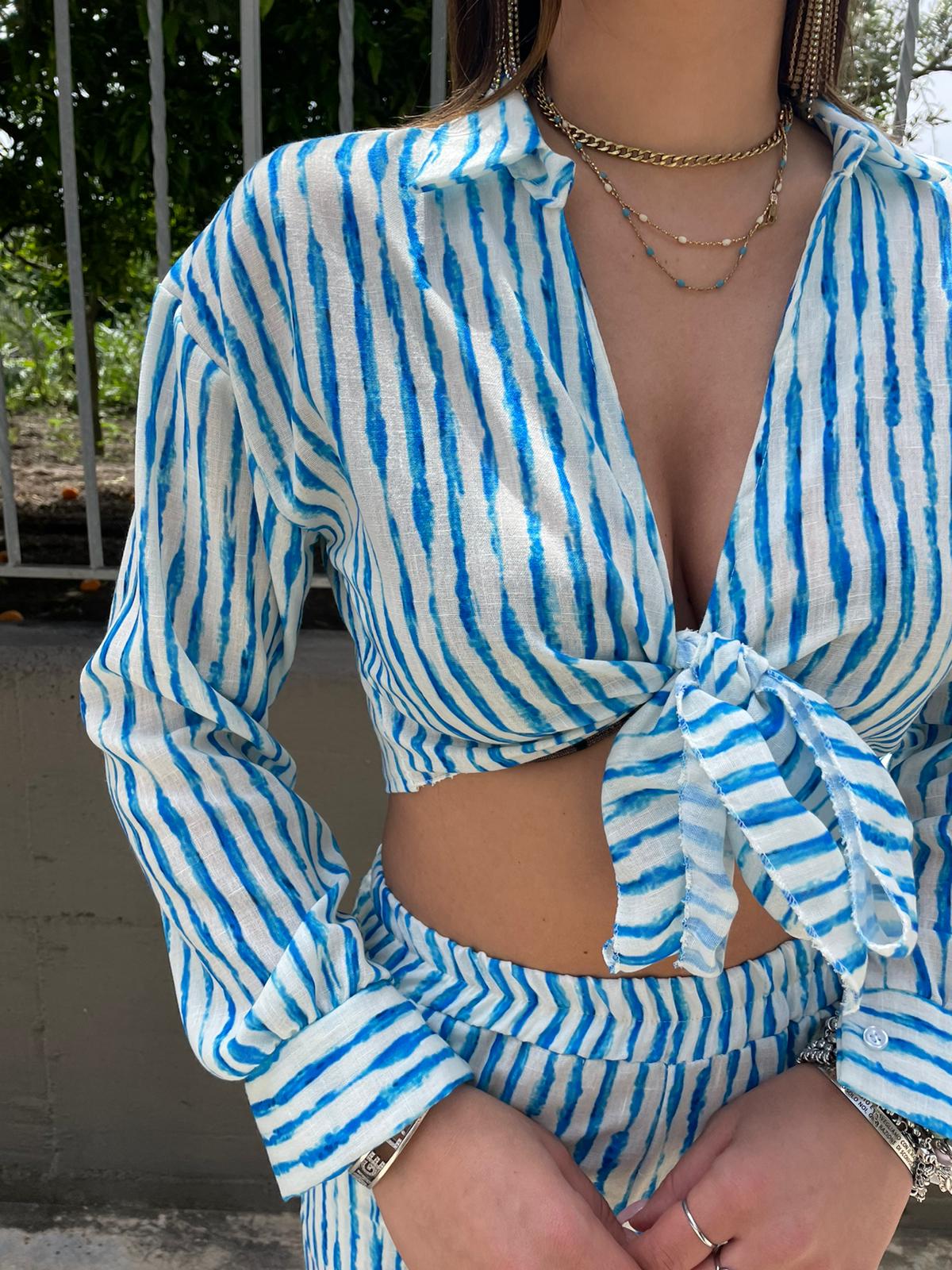 Coordinato effetto lino a righe con camicia crop - immagine 4